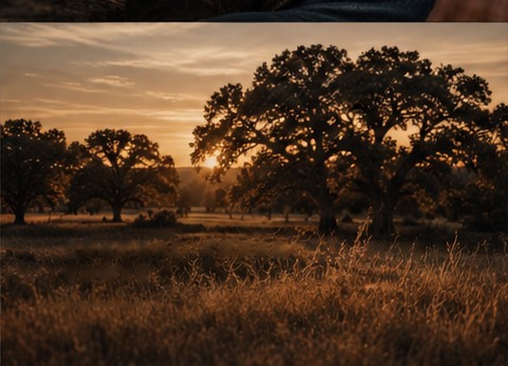 Live oak trees on a ranch across Central Texas at sunset