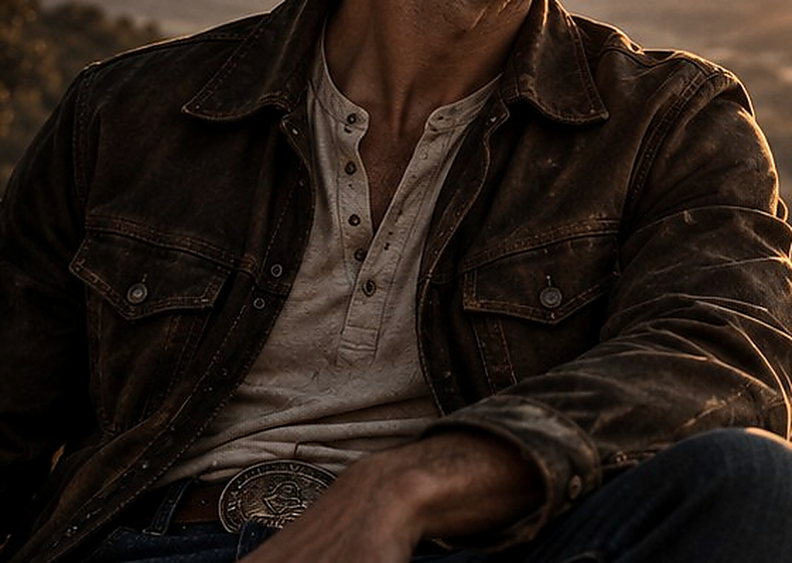 Weathered leather jacket, carefully stitched seams and metal detailing