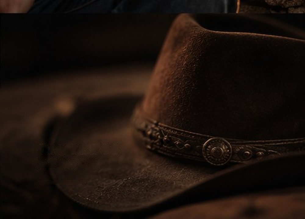 Close view of a weathered brown Western hat and textured band